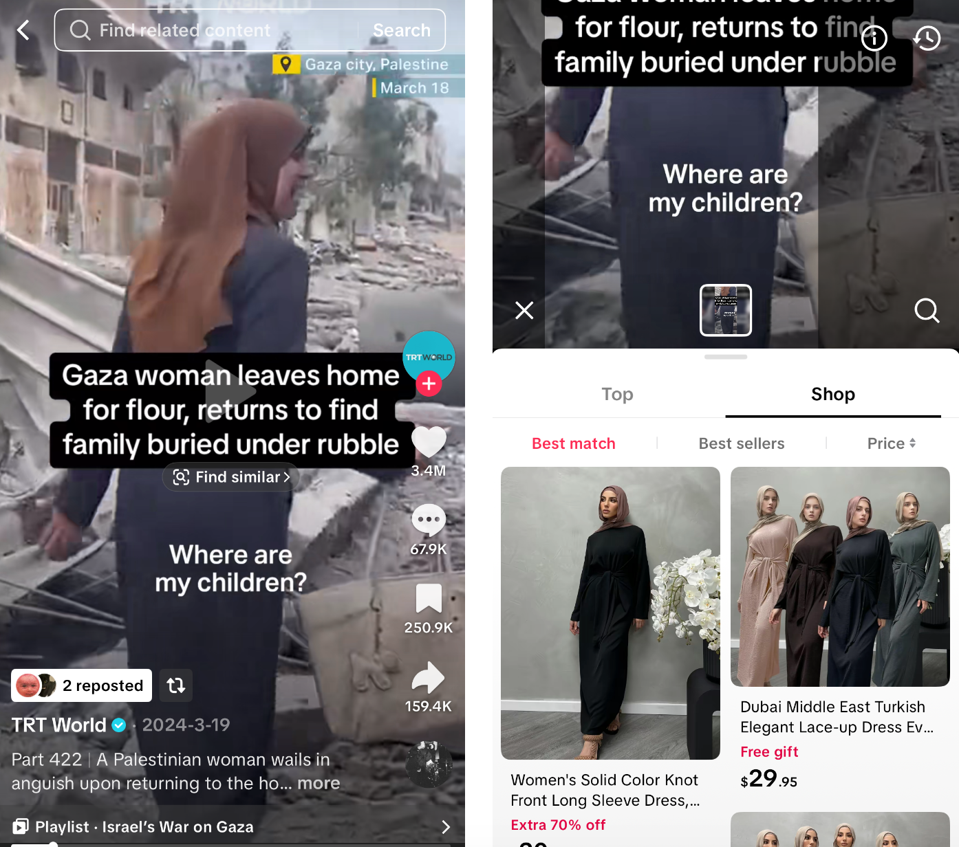 Βίντεο TikTok που δείχνει γυναίκα στη Γάζα με overlay προτάσεις αγοράς ρούχων