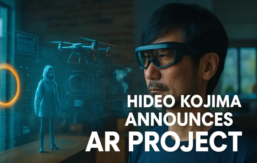 Ο Hideo Kojima σε σκοτεινή σκηνή παρουσίασης με holograms επαυξημένης πραγματικότητας γύρω του