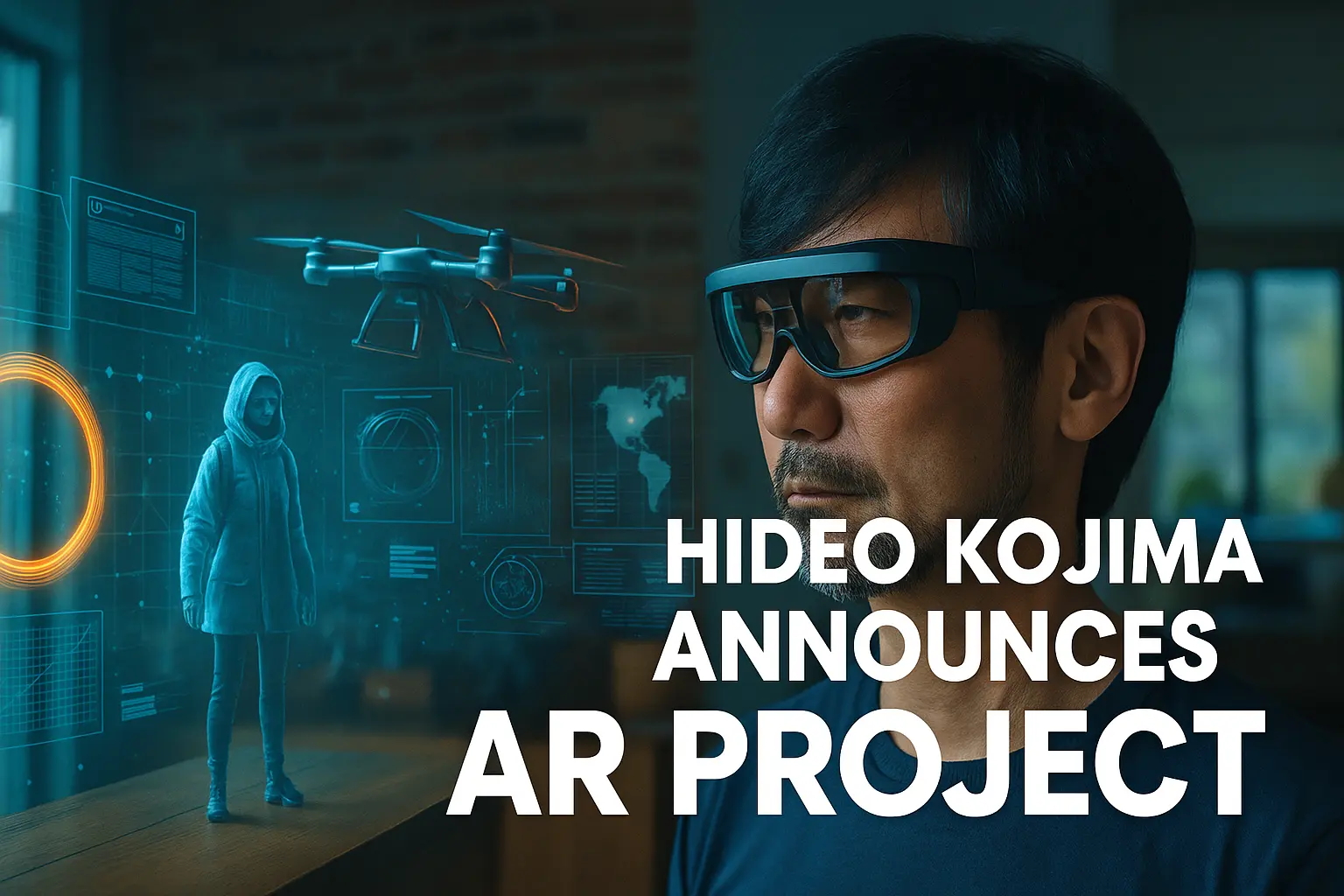 Ο Hideo Kojima σε σκοτεινή σκηνή παρουσίασης με holograms επαυξημένης πραγματικότητας γύρω του