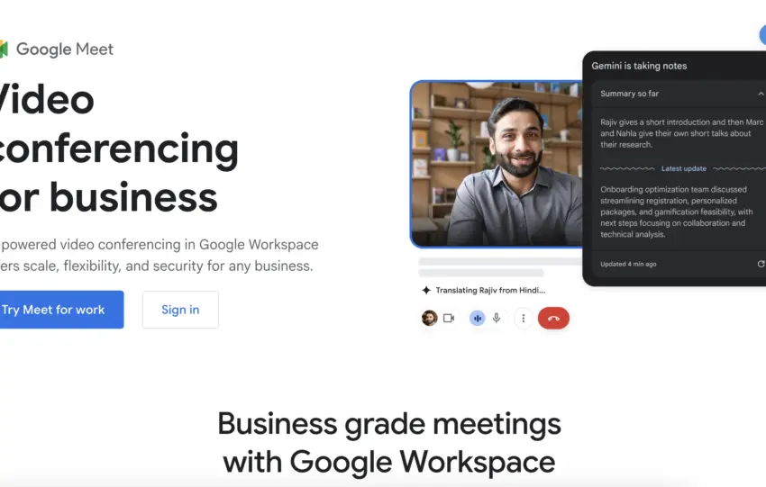 «Χρήστης παρακολουθεί meeting στο Google Meet με περίληψη Ask Gemini στην οθόνη»