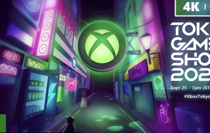 Σκηνή του Tokyo Game Show με φωτισμένα banners Xbox και πλήθος θεατών