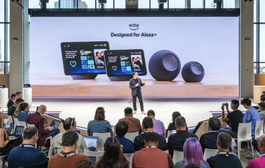 Το νέο Amazon Echo Show 11 σε σύγχρονο σαλόνι, με λεπτό πλαίσιο οθόνης και φωτεινό LED δαχτυλίδι