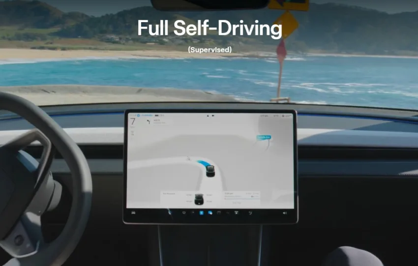 Οθόνη ταμπλό Tesla με ενεργοποιημένο Full Self-Driving