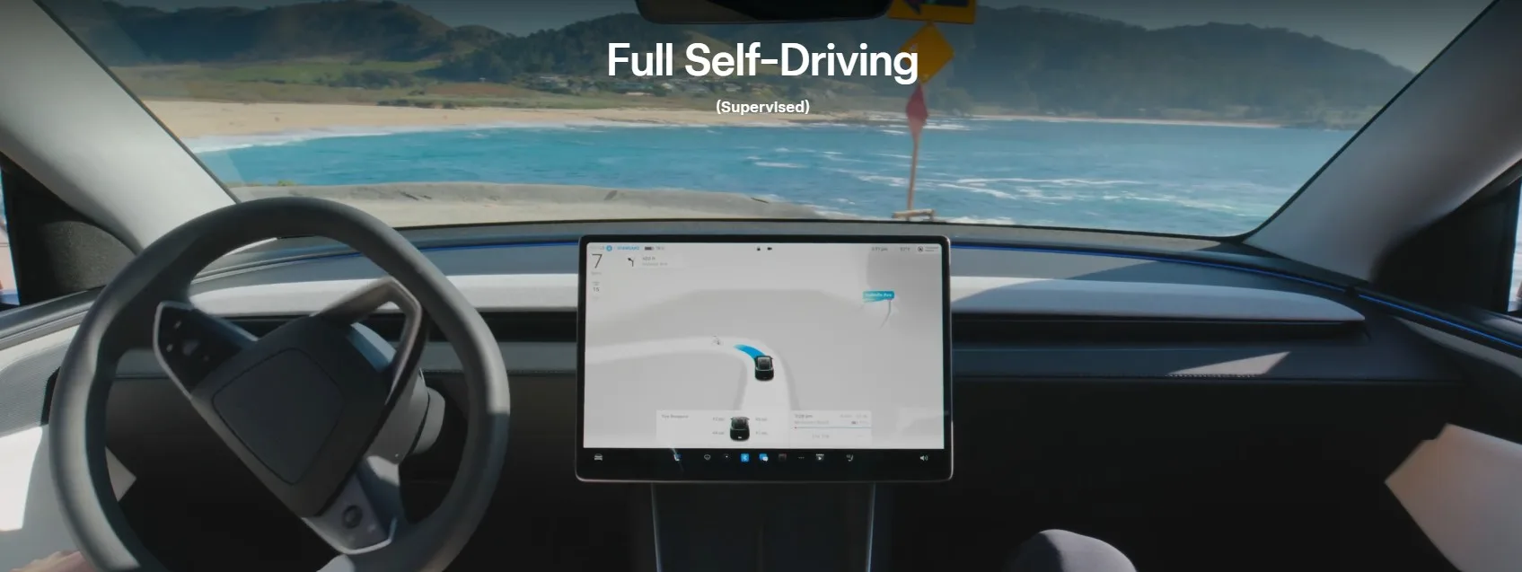 Οθόνη ταμπλό Tesla με ενεργοποιημένο Full Self-Driving