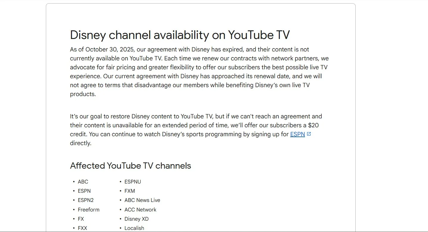 Μεγάλη ρήξη και διακοπή της συνεργασίας μεταξύ YouTube TV και Disney