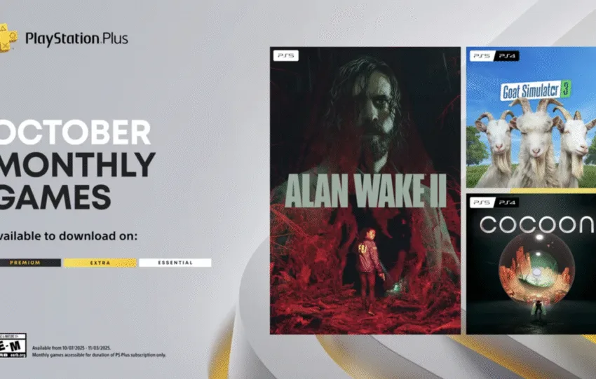Playstation plus Αφίσα με τα τρία παιχνίδια Alan Wake 2, Goat Simulator 3 και Cocoon
