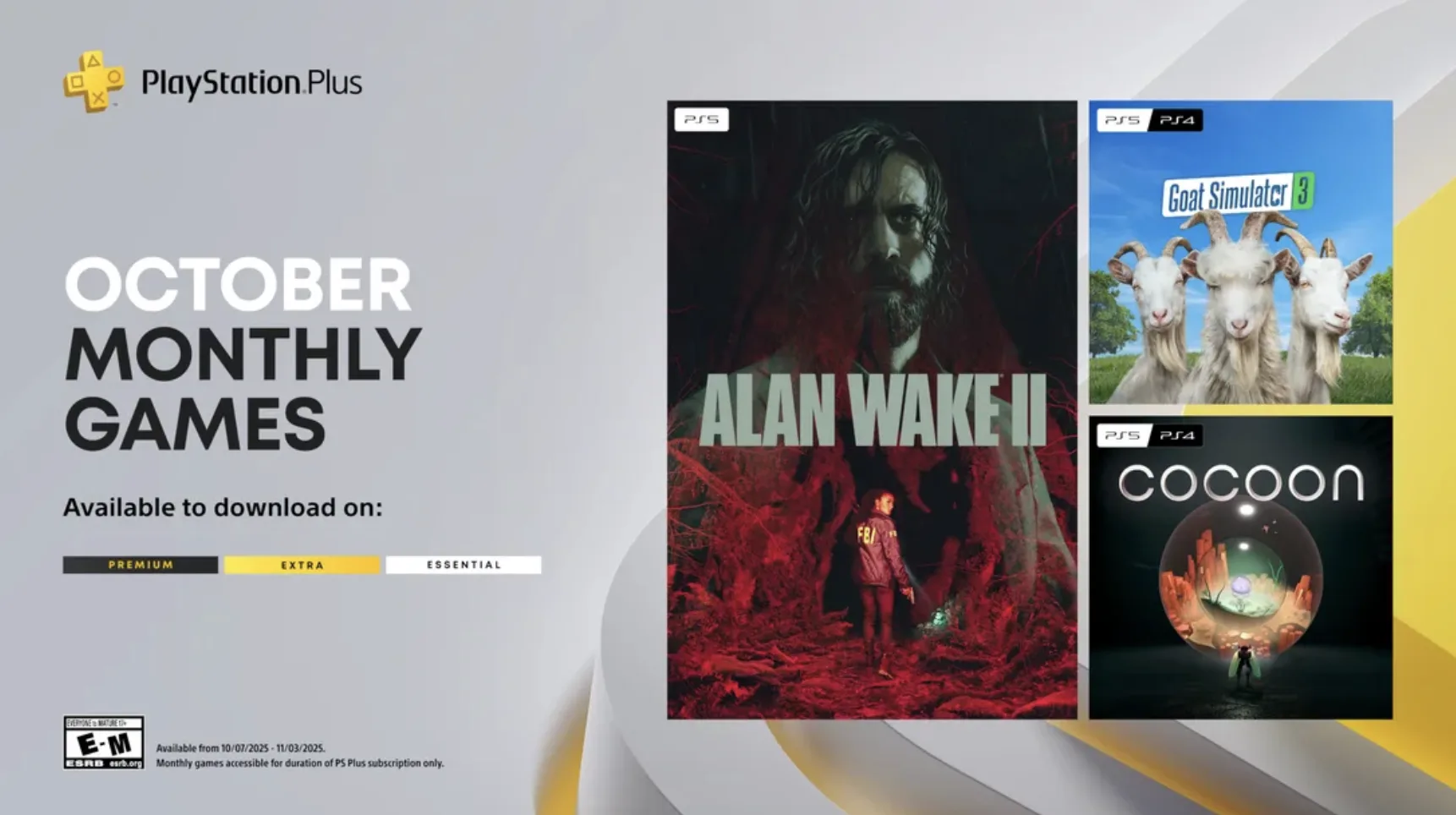 Playstation plus Αφίσα με τα τρία παιχνίδια Alan Wake 2, Goat Simulator 3 και Cocoon