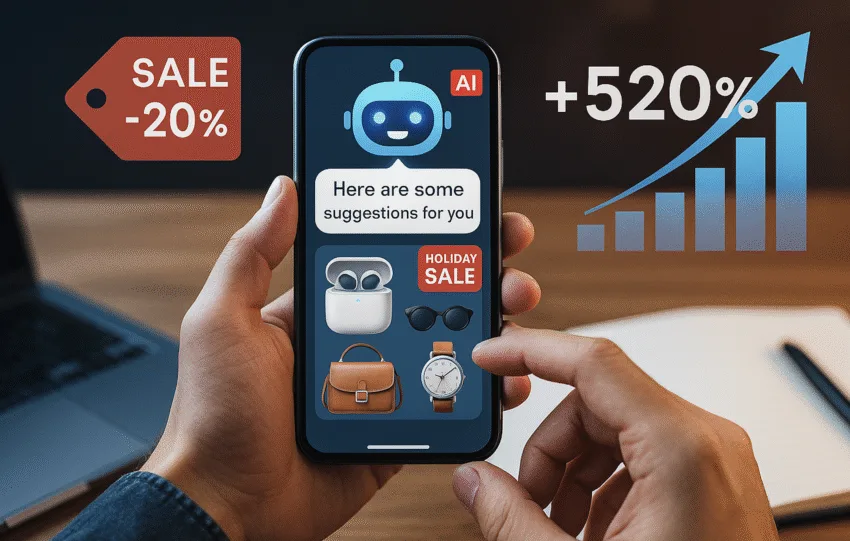 Γραφική απεικόνιση online αγορών με AI: χρήστης σε smartphone συνομιλεί με chatbot που προτείνει προϊόντα και εμφανίζει εκπτώσεις