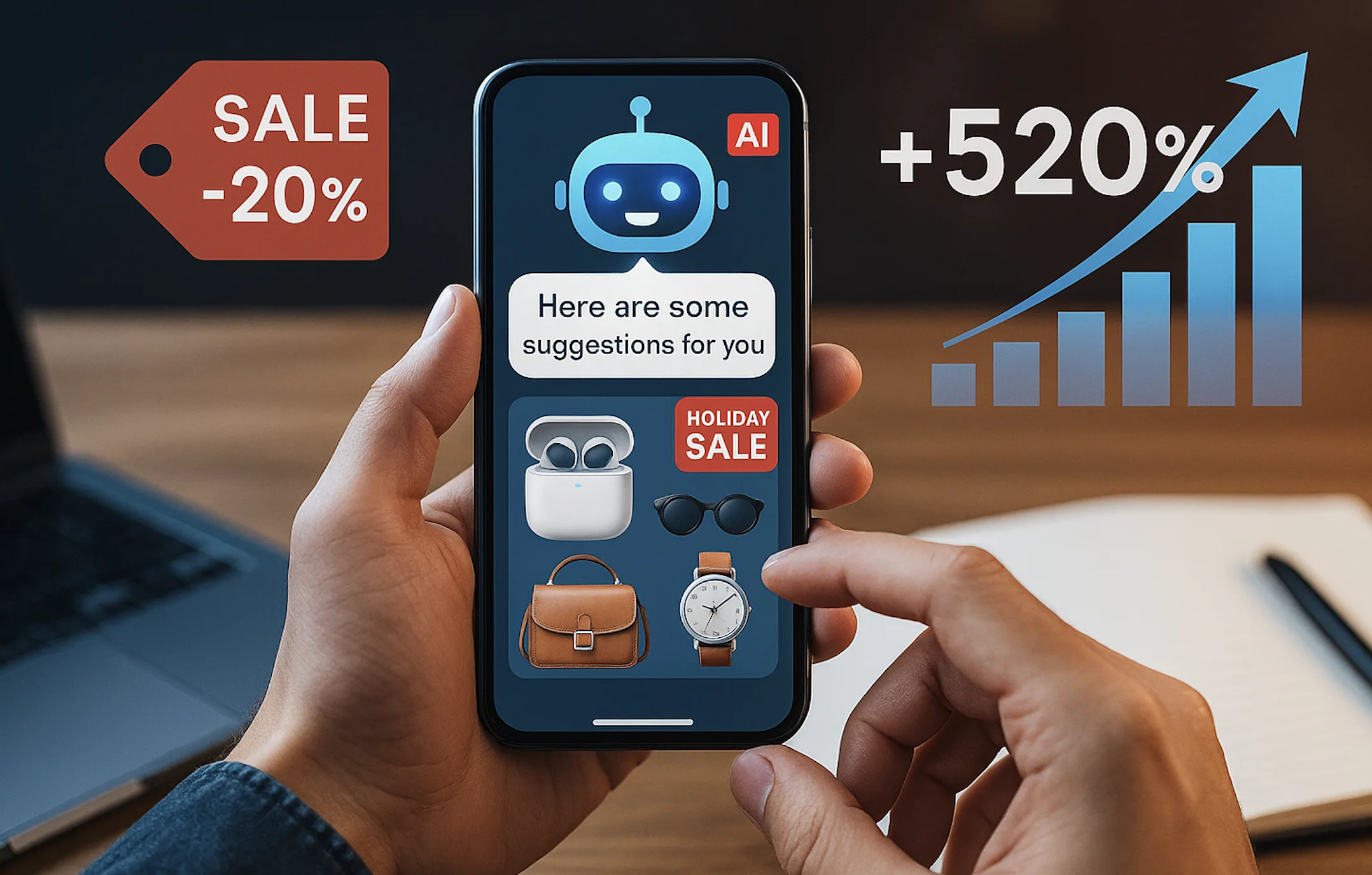 Γραφική απεικόνιση online αγορών με AI: χρήστης σε smartphone συνομιλεί με chatbot που προτείνει προϊόντα και εμφανίζει εκπτώσεις