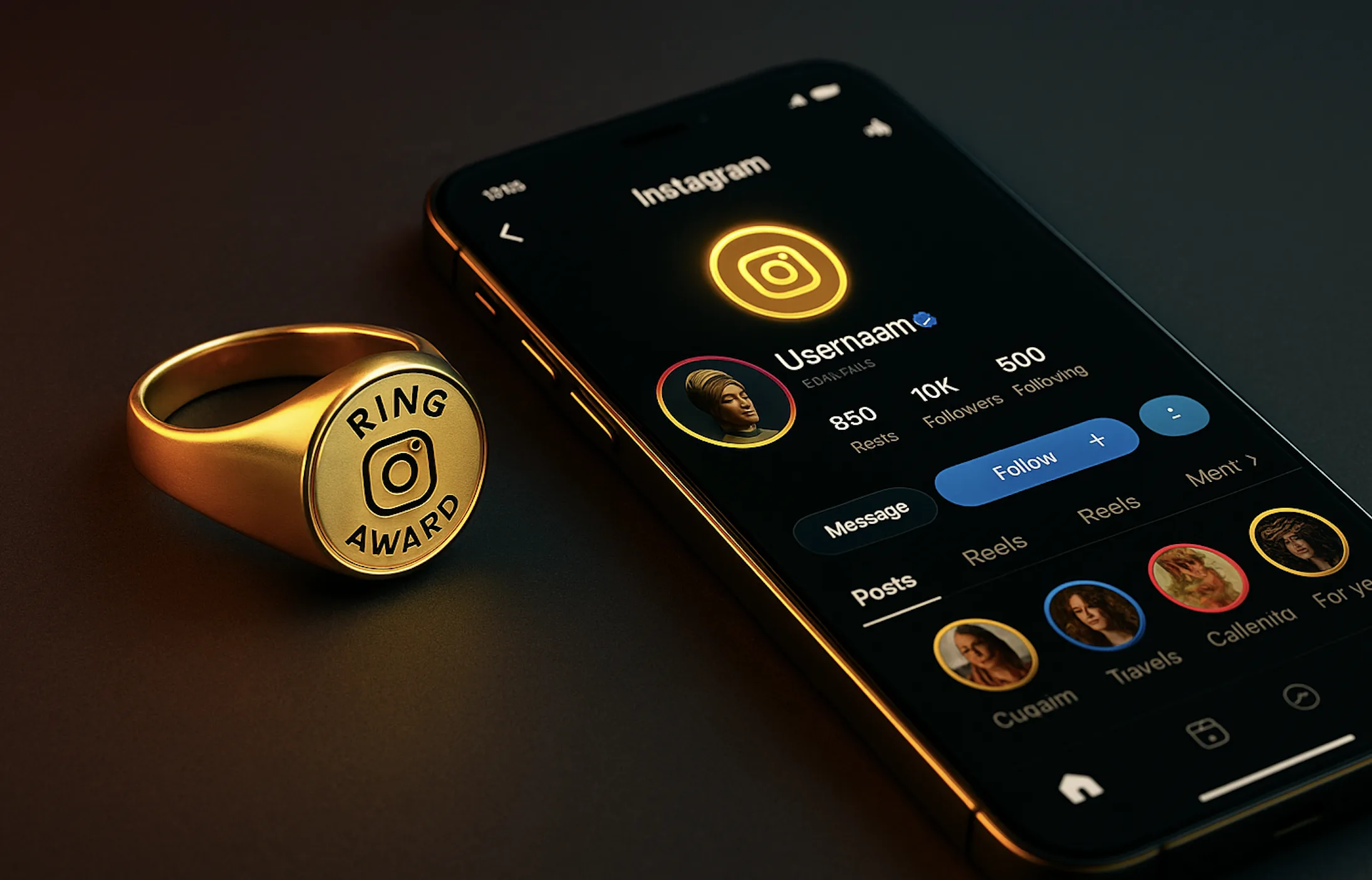 Φωτογραφία με το χρυσό δαχτυλίδι του Instagram Ring Award δίπλα σε smartphone με προφίλ δημιουργού που φέρει το ψηφιακό σήμα διάκρισης