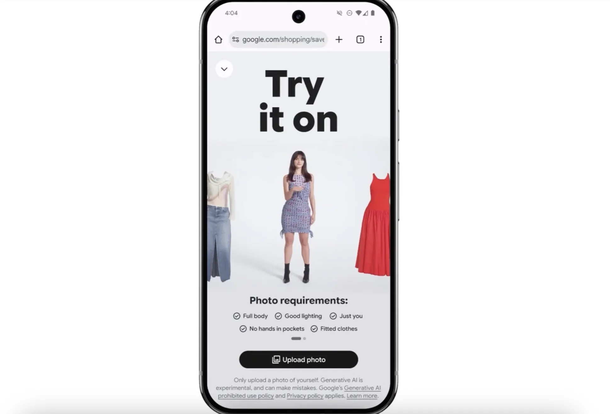 Οθόνη κινητού που δείχνει “try it on” παπούτσια μέσω Google Shopping