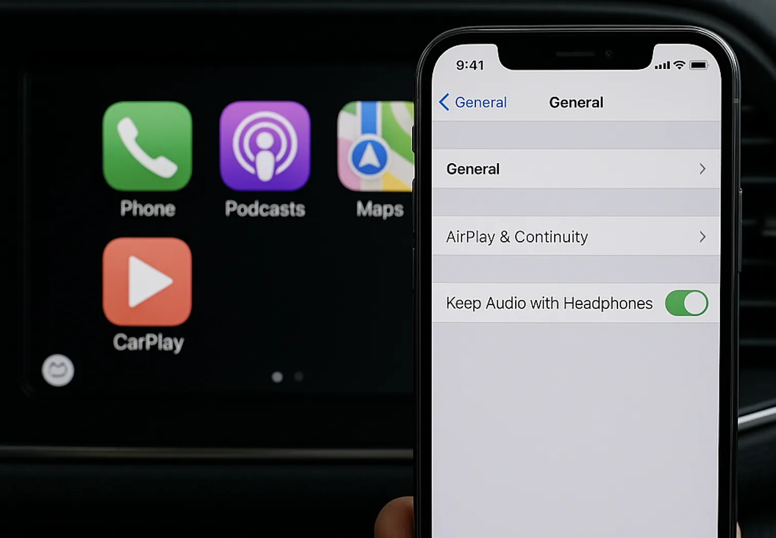 Οθόνη ρυθμίσεων iPhone που δείχνει την επιλογή «Keep Audio with Headphones