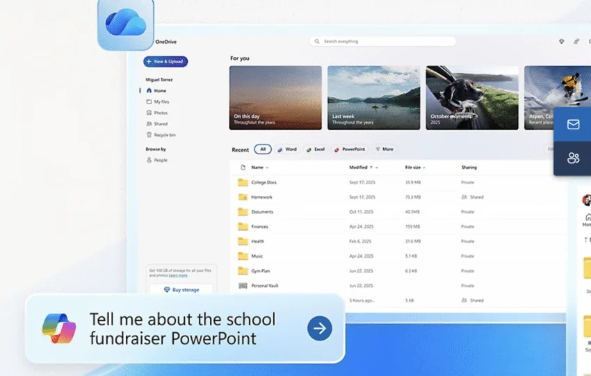 Οθόνη Windows που δείχνει το νέο OneDrive app με φωτογραφίες σε gallery view.