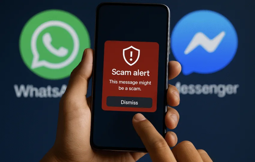 Χρήστης κοιτάζει το κινητό του καθώς εμφανίζεται προειδοποιητικό μήνυμα ασφαλείας με τα λογότυπα του WhatsApp και του Messenger στο φόντο.