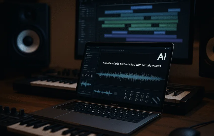 Στούντιο με υπολογιστή όπου εμφανίζεται μουσικό waveform που παράγεται από AI, συμβολίζοντας τη νέα εποχή γενετικής μουσικής της OpenAI.