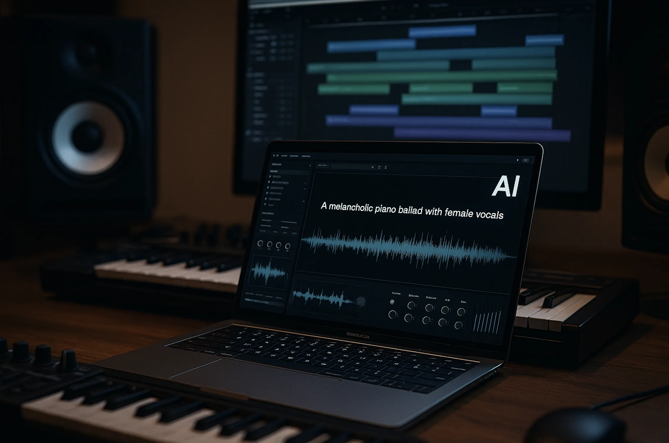 Στούντιο με υπολογιστή όπου εμφανίζεται μουσικό waveform που παράγεται από AI, συμβολίζοντας τη νέα εποχή γενετικής μουσικής της OpenAI.