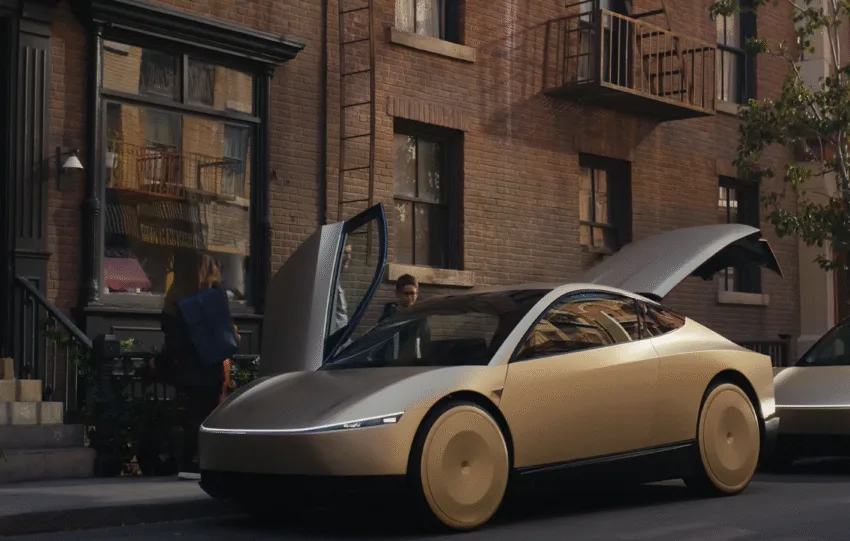 Το Tesla Cybercab σε φουτουριστικό αστικό σκηνικό, χωρίς οδηγό, με εσωτερικό capsule και φωτισμό AI σε αναλογία 16:9.