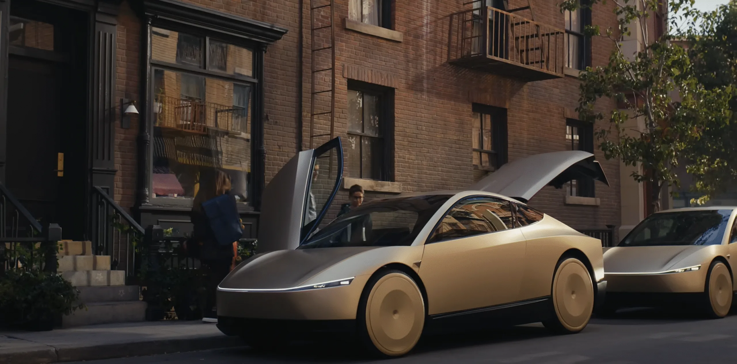 Το Tesla Cybercab σε φουτουριστικό αστικό σκηνικό, χωρίς οδηγό, με εσωτερικό capsule και φωτισμό AI σε αναλογία 16:9.