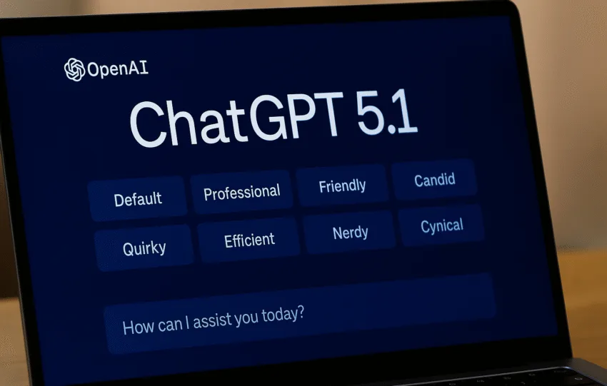 Οθόνη με το νέο ChatGPT 5.1 που εμφανίζει τις οκτώ διαθέσιμες προσωπικότητες του μοντέλου, αντιπροσωπεύοντας το πιο ανθρώπινο και προσαρμόσιμο ύφος συνομιλίας της OpenAI.