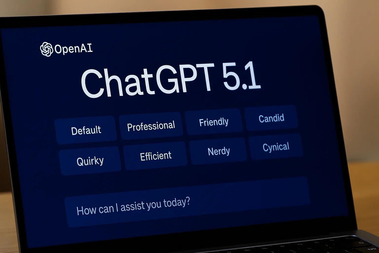 Οθόνη με το νέο ChatGPT 5.1 που εμφανίζει τις οκτώ διαθέσιμες προσωπικότητες του μοντέλου, αντιπροσωπεύοντας το πιο ανθρώπινο και προσαρμόσιμο ύφος συνομιλίας της OpenAI.