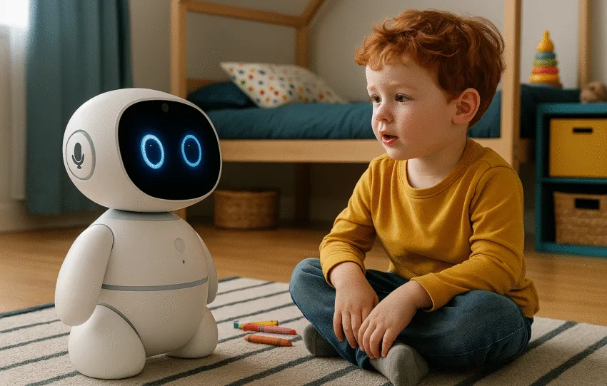 Παιδί παίζει με AI-ρομπότ παιχνιδιού σε παιδικό δωμάτιο, με έμφαση στα μικρόφωνα και στις κάμερες του παιχνιδιού.