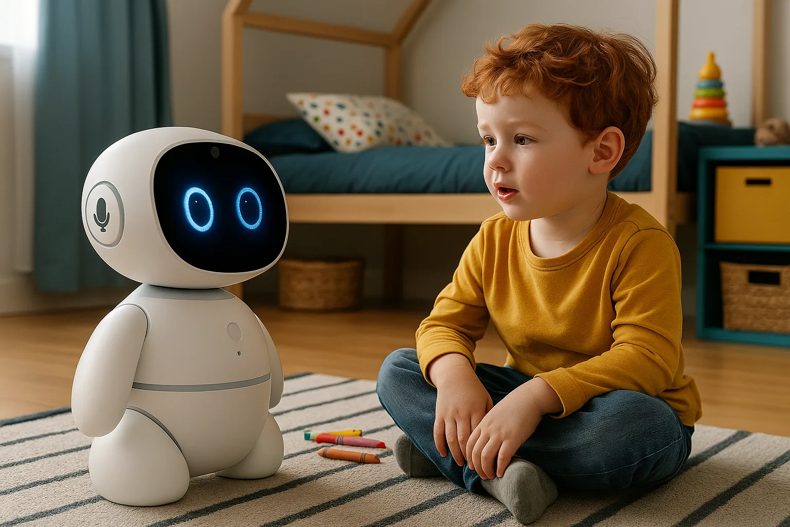 Παιδί παίζει με AI-ρομπότ παιχνιδιού σε παιδικό δωμάτιο, με έμφαση στα μικρόφωνα και στις κάμερες του παιχνιδιού.