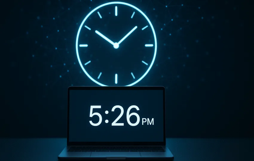 Οθόνη laptop με ψηφιακό ρολόι στο φόντο, συμβολίζοντας την αδυναμία των LLM να αντιληφθούν πραγματικό χρόνο.