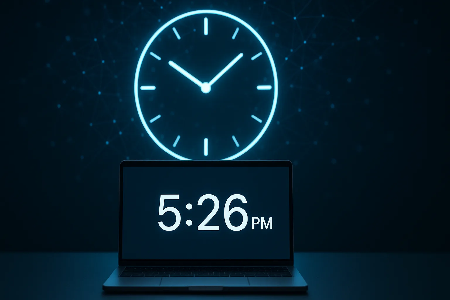 Οθόνη laptop με ψηφιακό ρολόι στο φόντο, συμβολίζοντας την αδυναμία των LLM να αντιληφθούν πραγματικό χρόνο.