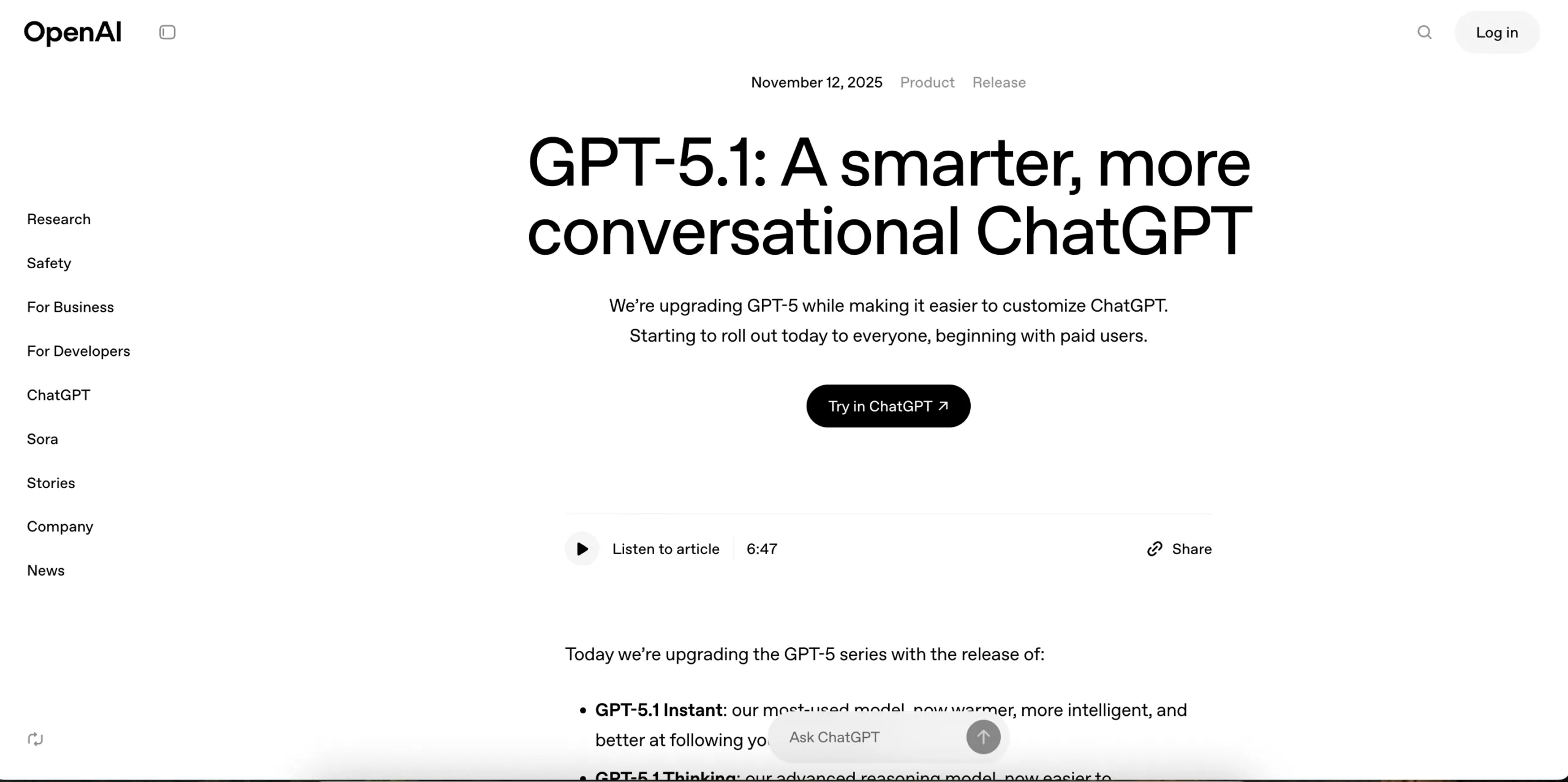 OpenAI ChatGPT 5.1 – 8 νέες προσωπικότητες, πιο «ανθρώπινη» επικοινωνία και ταχύτερες απαντήσεις