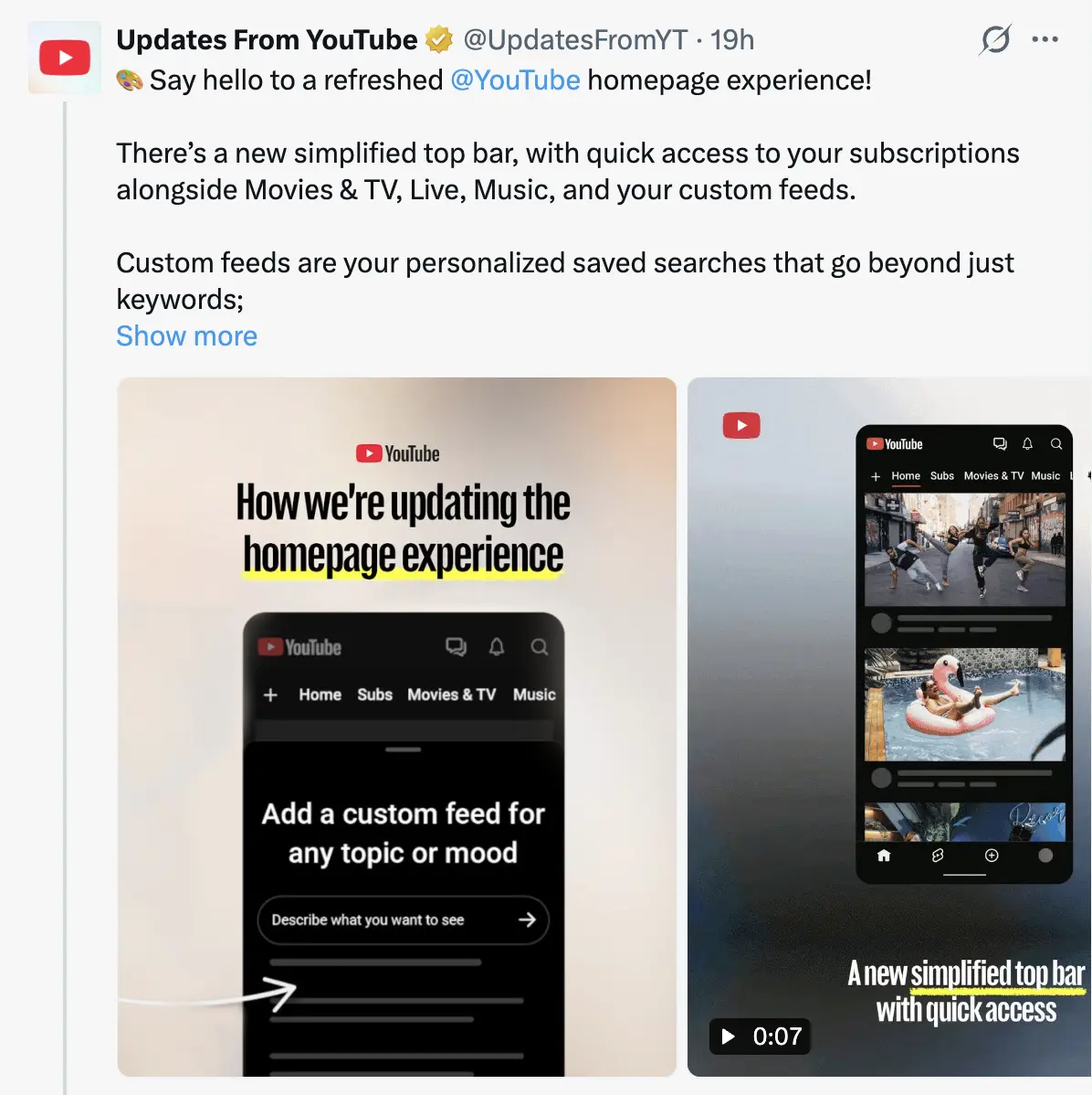 Το YouTube αλλάζει «πρόσωπο» 1 YouTube Custom Feeds - Οι χρήστες θα επιλέγουν τι βίντεο θέλουν να βλέπουν στην αρχική σελίδα
